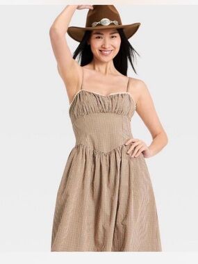 a new day Women's Corset Midi Dress Brown Gingham Size XL